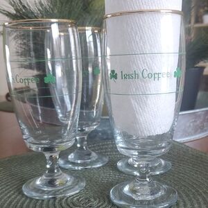 Vintage Irish Coffee Glass Set with Gold Rim and Green Shamrock